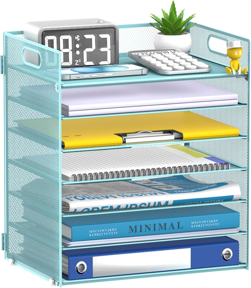 ReePlan 7 Tier Paper Organizer - Mesh Desktop File Holder with Handles for Office School Desk, Black (Blue) - Image 1